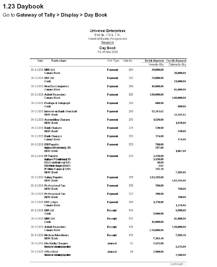 DayBook Report @ Tally.ERP 9
